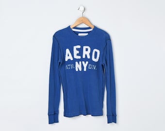 Camisa térmica pesada vintage Y2k Aeropostale - Ropa de los años 2000, letras cosidas, manga larga, punto gofre - Talla S para hombre