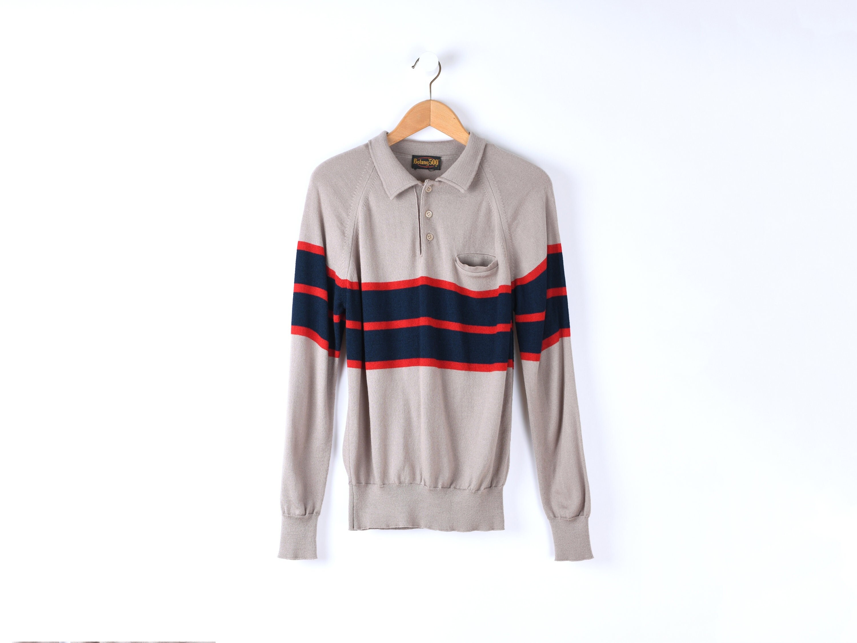 Vintage 70s Tan Striped Button-collar Sweater Botany 500 Preppy 
