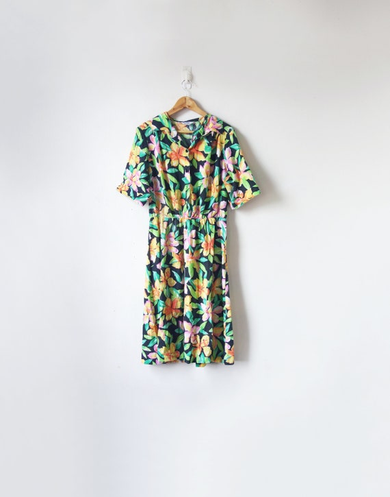 60s Bright Tropical Floral Shirt Dress - Vintage 6