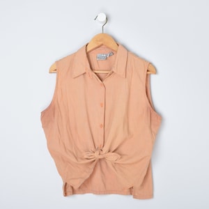Vintage 90s Orange & Blue Check Sleeveless Button-up Top - &quot;Quizz&quot; - nineties tie-up top - Women&#39;s L
