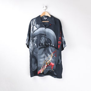 Y2k Grey & Red Anime Graphic Short-Sleeve Button-Down - XXL