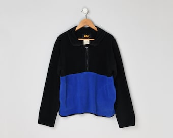 Suéter polar REI vintage de los años 90 con media cremallera - años 90, hecho en EE. UU., para senderismo, azul, negro, con bloques de color, cuello con cremallera - Talla M para hombre