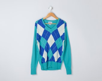 Vintage 90s Christian Dior Argyle Sweater - Blue & White