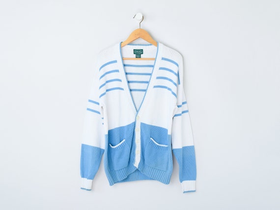 Vintage 90s Izod Blue & White Knit Cardigan - Nineties, Cotton