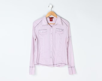 Vintage Y2k Kontrastgenähtes Western-Shirt mit Glasdruckknöpfen - 2000er Jahre Kleidung - Damen L