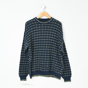 Vintage 90s Olive & Dark Blue Textured Knit Sweater - nineties, oversized, crew neck, pullover - Men&#39;s XXL
