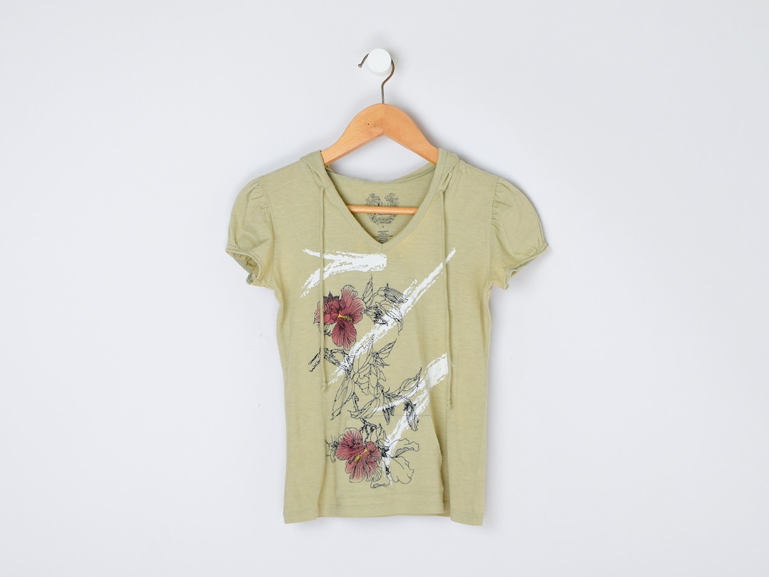 Vintage Y2k Short Sleeve Hooded Top - Olive Green, Flower