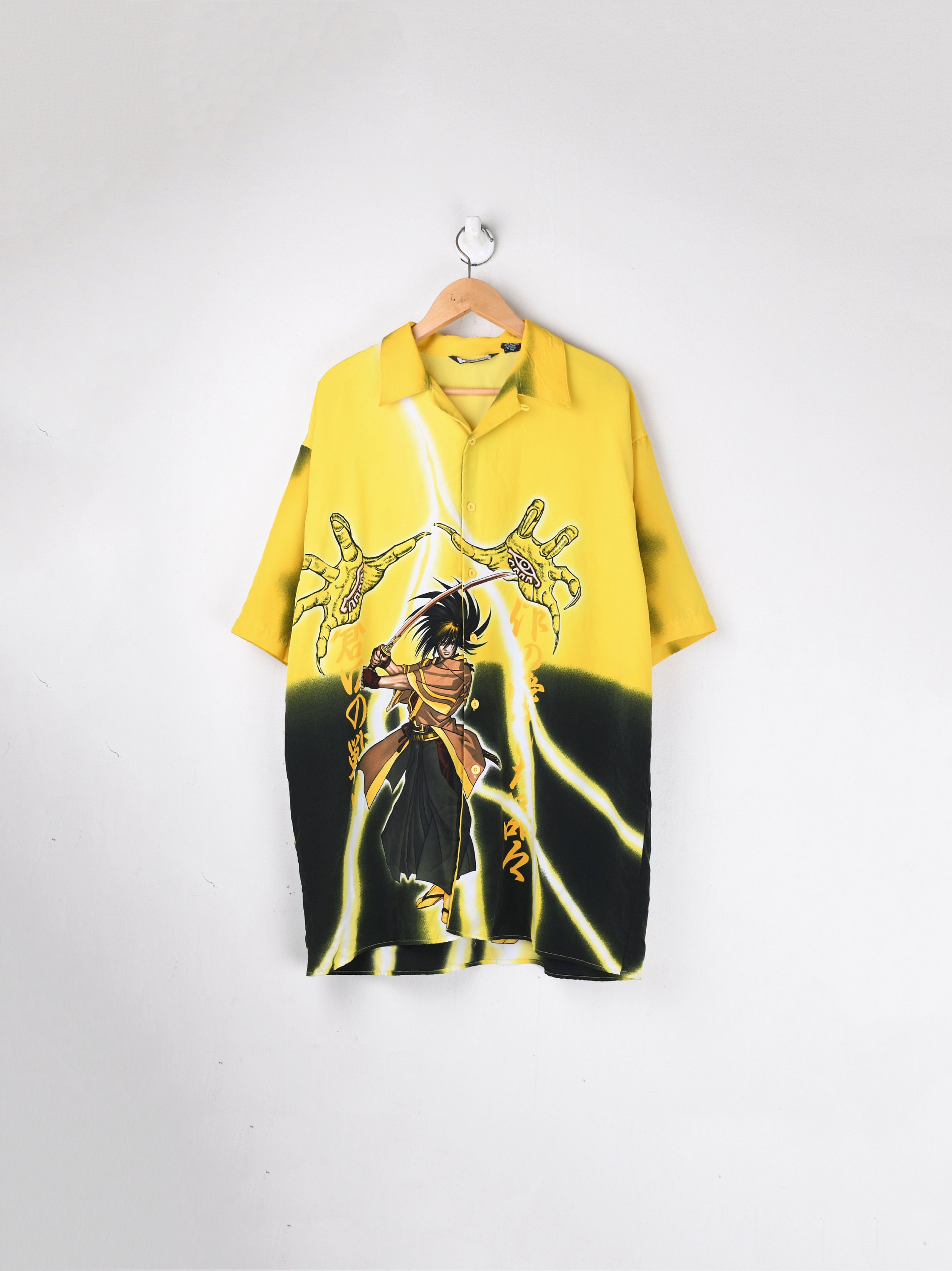 Vintage Y2k Yellow & Black Anime Graphic Short-sleeve Button-down 