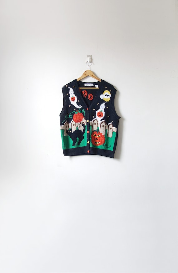 90s Kitschy Halloween Sweater Vest - Vintage Spook
