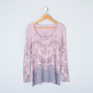 Vintage y2k Pale Pink Printed Knit Long Top - 2000s clothing, sweater, scoop neck - Women&#39;s XL