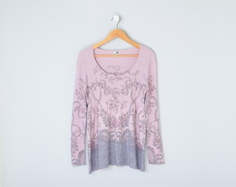 Vintage y2k Pale Pink Printed Knit Long Top - 2000s clothing, sweater, scoop neck - Women's XL