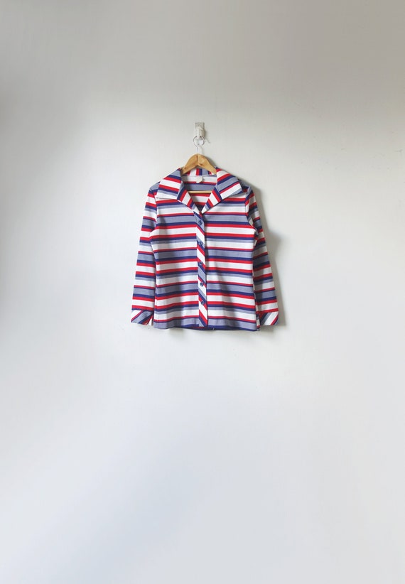 70s Red, Blue & White Striped Button Up Shirt - Vi