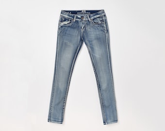 30x32 // Vintage Y2K bestickte Kontrastnaht Skinny Jeans - 2000s, Emo Kleidung, tailliert - niedriger Bund, Frauen 24, 30 "x 32"