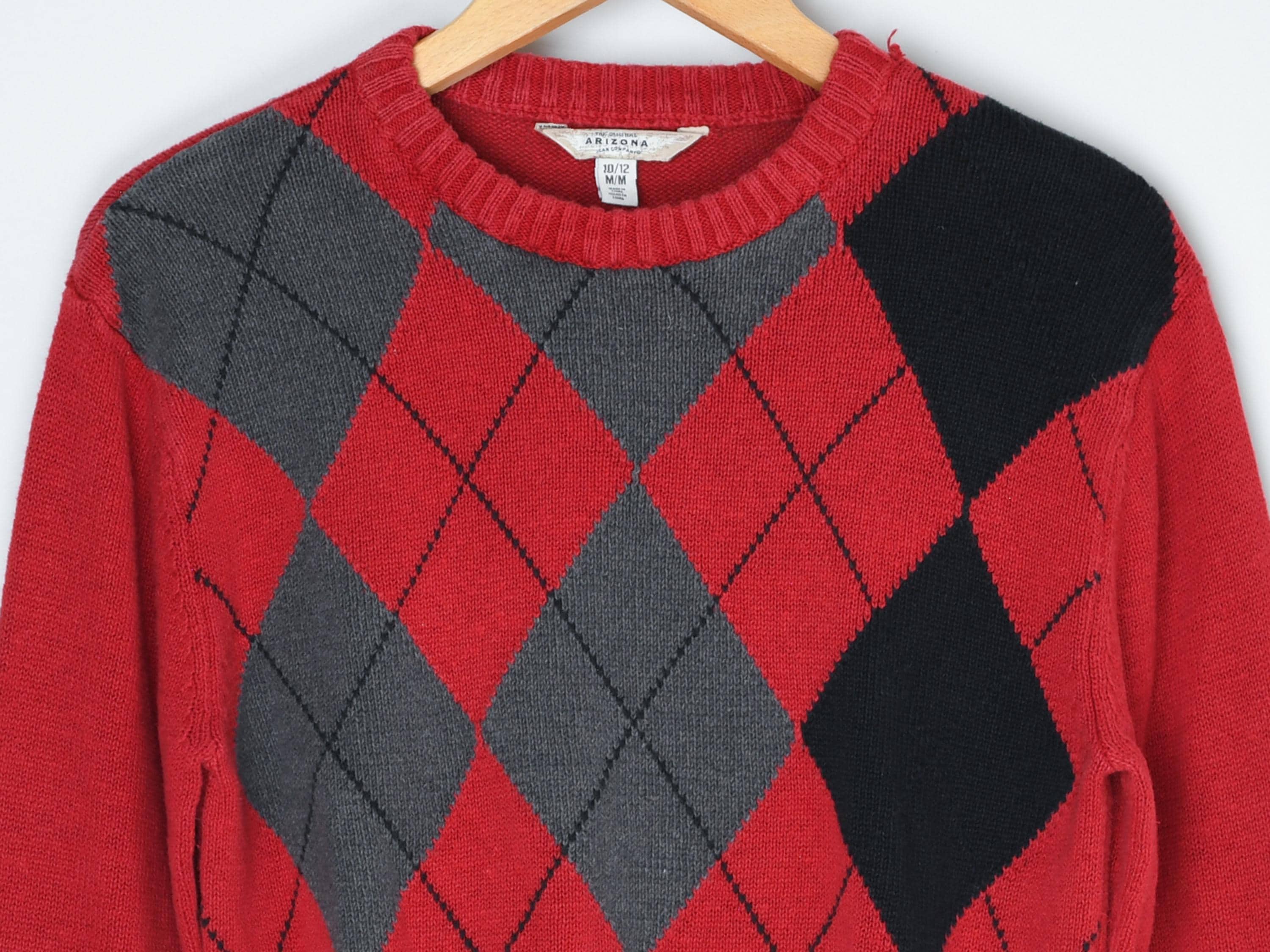 Vintage Y2k Red, Black & Grey Argyle Sweater -- 2000s, Pullover 