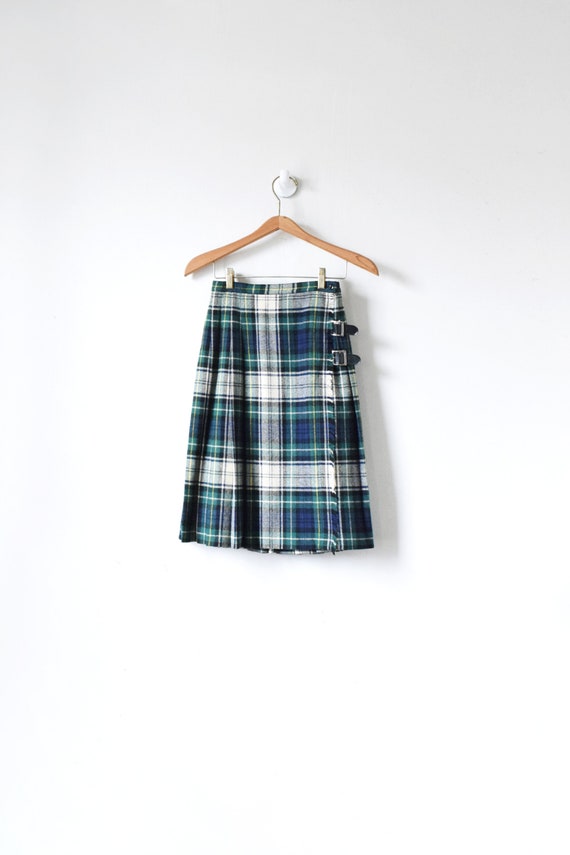 23"W // 50s Plaid Pleated Wrap Skirt - Green, Whi… - image 1