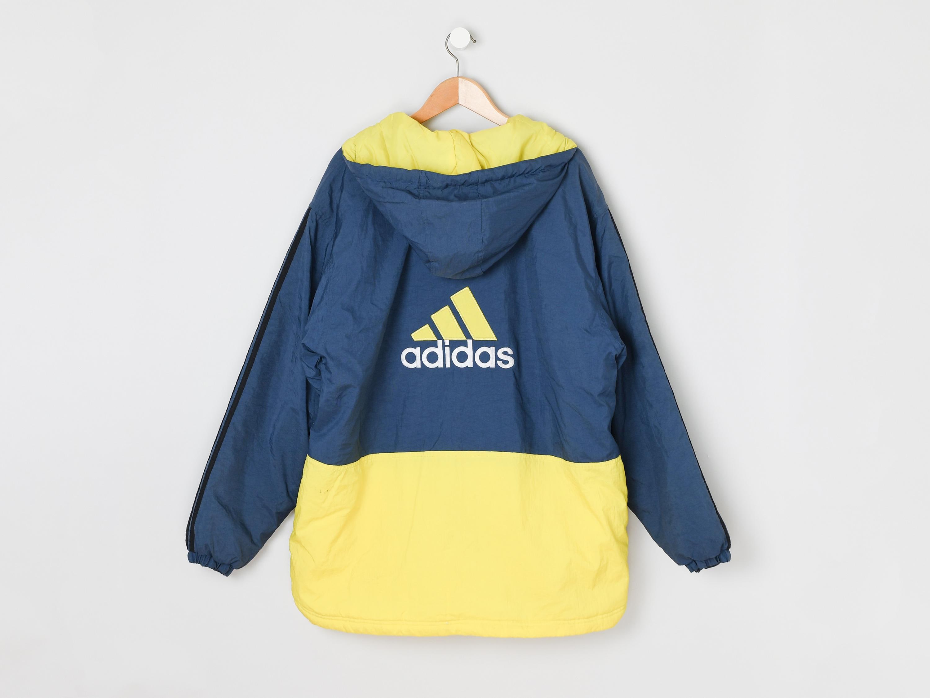 Vintage 90s Adidas Blue & Yellow Hooded Puffer Jacket - Vintage