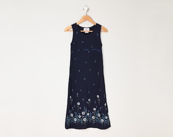 Vintage Y2k Tie-Back Midi Dress - navy & white, floral, flowers, made in usa - Youth 12 // Women's XXS