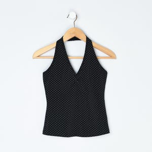 Vintage Y2k Dotted Halter Top - &quot;helium&quot; - 2000s clothing, black, made in usa - Women&#39;s S