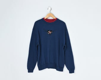 Sudadera vintage de los 90 con corazón, bordada, azul marino y rojo, flores, estilo pulóver, estilo kitsch - Talla 1X para mujer