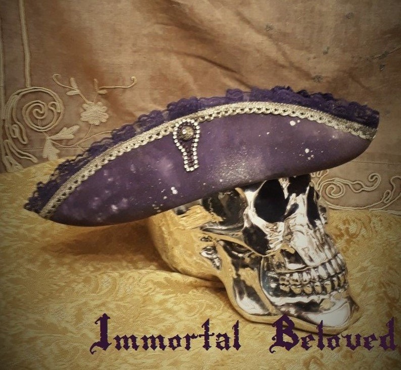 Spelljammer Tricorn Hat handpainted Cosmos vintage lace and old gold brocaide trim with swarovski crystals pirate cosplay