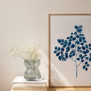 Maidenhair Fern Watercolor Print, Blue Botanical Print, Fern Leaf Print, Boho Wall Decor Extra Large Wall Art