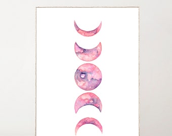 Moon Phases Wall Art Celestial Watercolor Print Boho Wall Decor Celestial Decor Moon Poster Apartment Decor Giclee Print Watercolor Moons