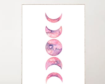 Maanfasen Wall Art Hemelse Aquarel Print Boho Wall Decor Celestial Decor Moon Poster Appartement Decor Giclee Print Aquarel Manen