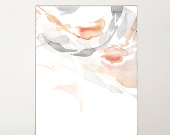 May include: Abstract watercolor painting with shades of gray, peach, and brown. The colors are blended together in a swirling pattern, creating a sense of movement and fluidity.