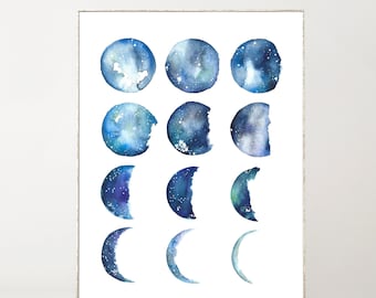 Moon Phases Print Moon Art Moon Phase Art Moon Phases Wall Art Watercolor Print Celestial Watercolor Boho Wall Decor Indigo Blue Wall Art