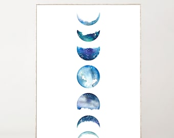 Maanfase print maanfase muur kunst wordt afgedrukt boho muur decor aquarel print maan poster manen muur kunst maan muur hangend hemels decor