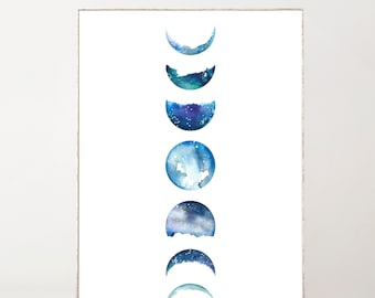 Moon Phase Print Moon Phase Wall Art Prints Boho Wall Decor Watercolor Print Moon Poster Moons Wall Art Moon Wall Hanging Celestial Decor