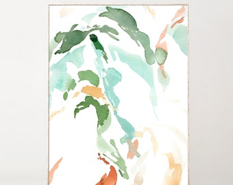 May include: Abstract watercolor painting with green, blue, and orange hues on a white background. The painting features a swirling, organic pattern.