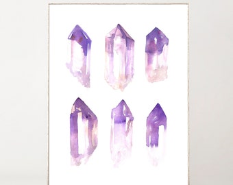 Impresión de cristal Boho Decoración de pared Acuarela Impresiones de arte de pared Acuarela Pintura de cristal Cristal Arte de pared Decoración Amatista Cuarzo Arte de cristal