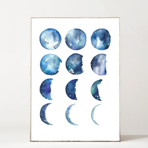 Moon Phases Print Moon Art Moon Phase Art Moon Phases Wall Art Watercolor Print Celestial Watercolor Boho Wall Decor Indigo Blue Wall Art