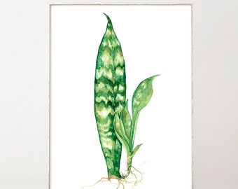 Serpent Plante Peinture Aquarelle Impression Aquarelle Botanique Murales Gravures Boho Mur Décor Vert Nature Affiche Botanique Illustration