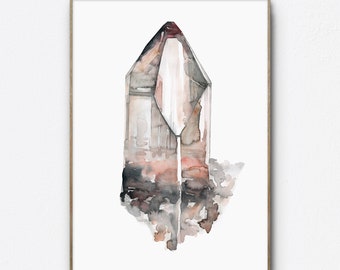 Crystal Painting Watercolor Wall Art Prints Boho Home Decor Smoky Quartz Crystal Print Apartment Decor Giclee Print