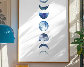 Moon Phase Print Moon Phase Wall Art Prints Boho Wall Decor Watercolor Print Moon Poster Moons Wall Art Moon Wall Hanging Celestial Decor