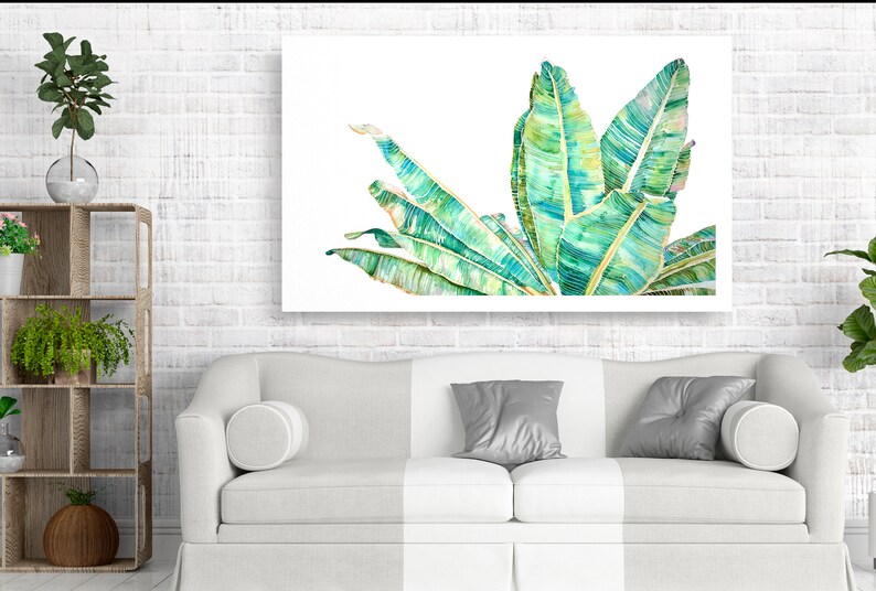 Op de afbeelding: Een aquarel schilderij van groene bananenbladeren op een witte achtergrond. De bladeren zijn in een waaier vorm gerangschikt, met de toppen van de bladeren die naar de bovenkant van het schilderij wijzen.