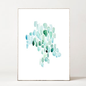 May include: Abstract watercolor painting with a mosaic pattern in shades of blue and green. The artwork is framed and ready to hang.