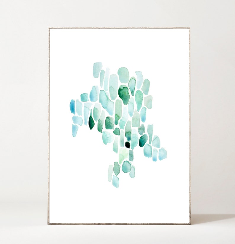 May include: Abstract watercolor painting with a mosaic pattern in shades of blue and green. The artwork is framed and ready to hang.