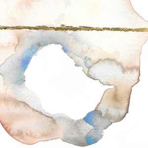 May include: Abstract watercolor painting with a gold metallic line across the top. The artwork features soft, blended colors of peach, gray, and blue, creating a dreamy, ethereal effect. The design includes a large, open white space in the center.