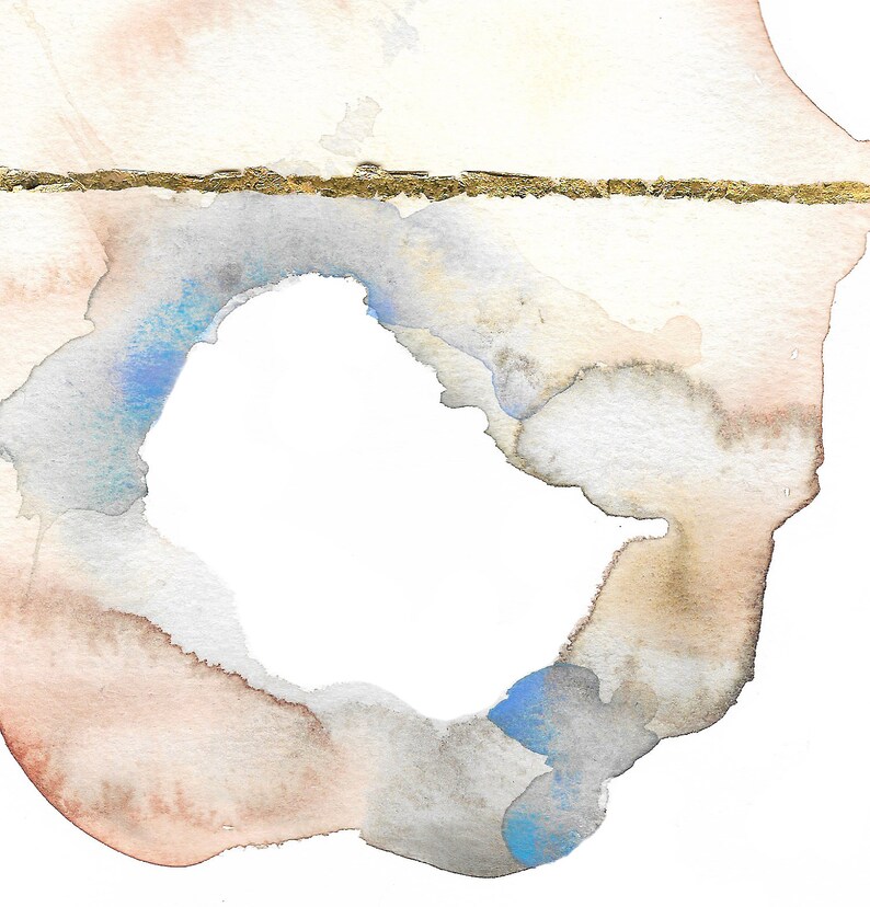May include: Abstract watercolor painting with a gold metallic line across the top. The artwork features soft, blended colors of peach, gray, and blue, creating a dreamy, ethereal effect. The design includes a large, open white space in the center.