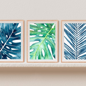 3 Piece Wall Art Monstera Print Tropical Leaf Print Set of 3 Prints Botanical Print Set Coastal Wall Art Set of 3 Wall Art Watercolor Print