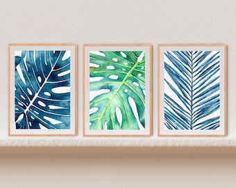 3 Piece Wall Art Monstera Print Tropical Leaf Print Set of 3 Prints Botanical Print Set Coastal Wall Art Set of 3 Wall Art Watercolor Print