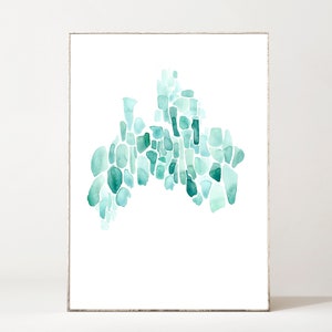 May include: Abstract watercolor painting in shades of teal and blue. The painting is made up of many small, irregular shapes that resemble mosaic tiles.