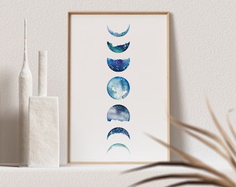 Moon Phase Print Moon Phases Wall Art Watercolor Print Boho Wall Decor Moon Poster Moons Wall Art Moon Decor Celestial Decor Moon Phase Art