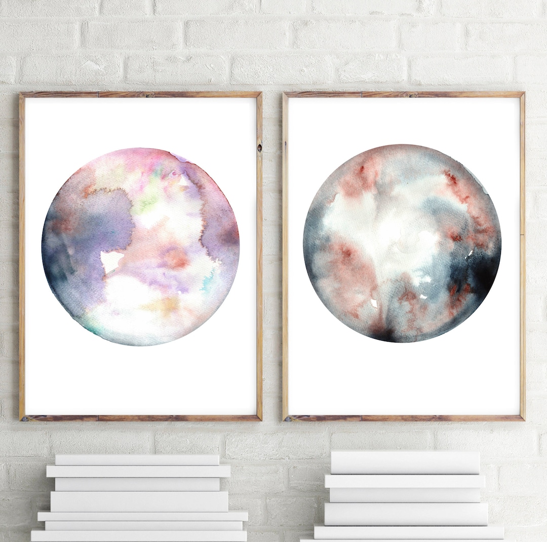 Celestial Watercolor Print Set of Two Prints Full Moon Print Celestial ...