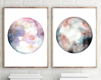 Celestial watercolor print set of two prints full Moon Print Celestial Decor Boho Wall Decor Moon Phase wall art prints Moon Poster