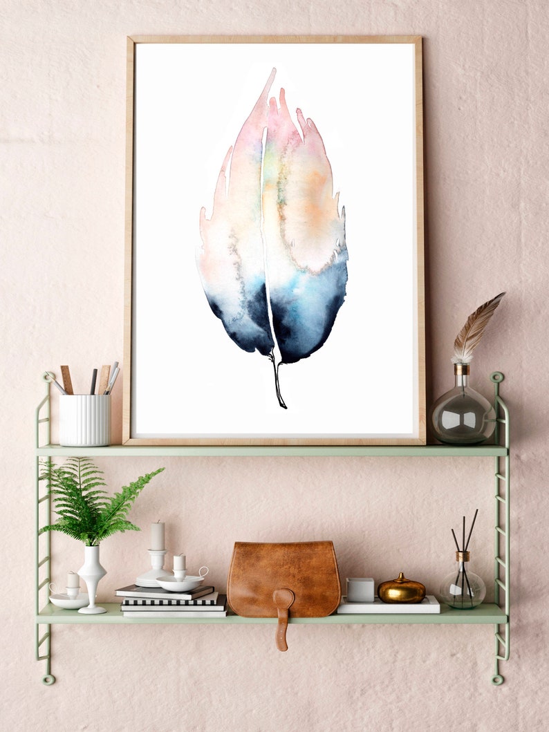 Watercolor Feather Print Boho Feather Decor Pink Watercolor Etsy