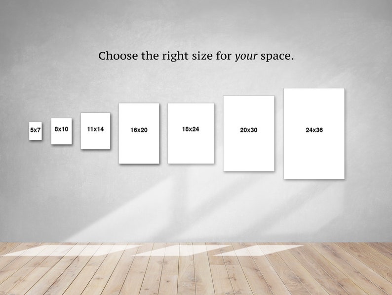 May include: A white wall with six different sized white frames, each with a black text label indicating the dimensions of the frame in inches. The text on the frames reads: 5x7, 8x10, 11x14, 16x20, 18x24, 20x30, 24x36. The text above the frames reads: Choose the right size for your space.